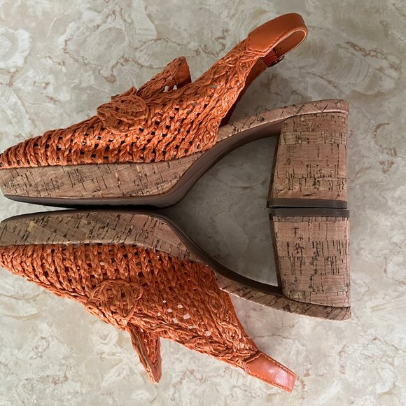 Aerosoles Sz 8 Santiago Raffia Platform Slingback Pump Orange and Cork - Picture 4 of 14